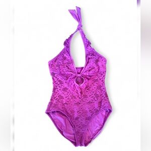 Kenneth Cole Reaction Large One Piece Swimsuit Purple Halter V Neck Cut Out Lace